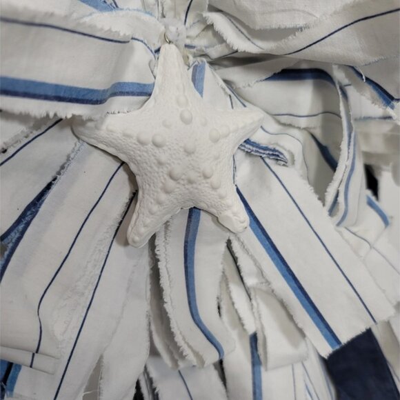 Beach Rag Bow, Starfish Rag Bow, Summer Coastal White/Blue Stripe Wreath Rag Bow - Picture 9 of 12